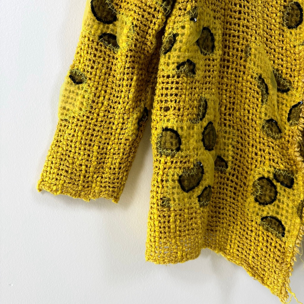 Save The Queen Yellow Silk Cotton Abstract Lace Art to Wear Cardigan Top Women L - Picture 5 of 15